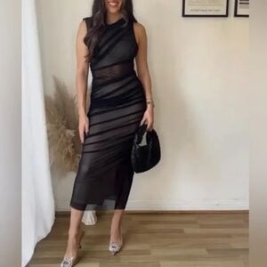 Zara Black Sheer Striped Midi Dress